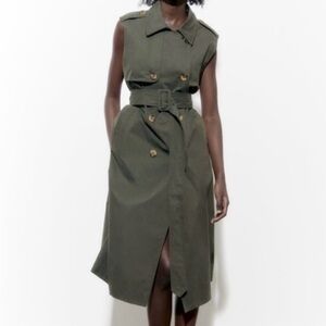 Zara Sleeveless Olive Green Long Belted Vest Dress